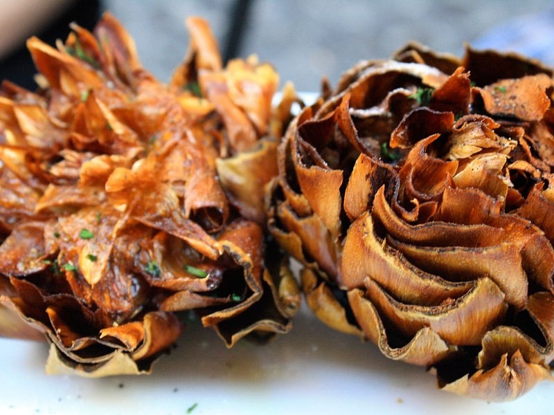 Artichokes fried whole in the Roman-Jewish way, their leaves opened and crisp