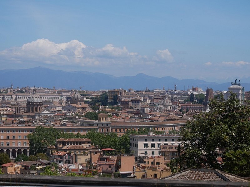 Rome's rooftops and domes seen from a hilltop terrace, the mountains behind